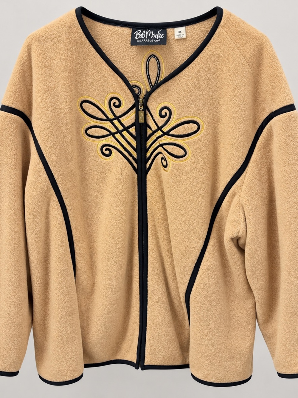 : Bob Mackie Wearable Art 3X Tan Embroidered Fleece Jacket